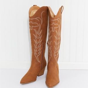Qupid Cheyenne Nights Embroidered Knee High Cowboy Boots Chestnut
